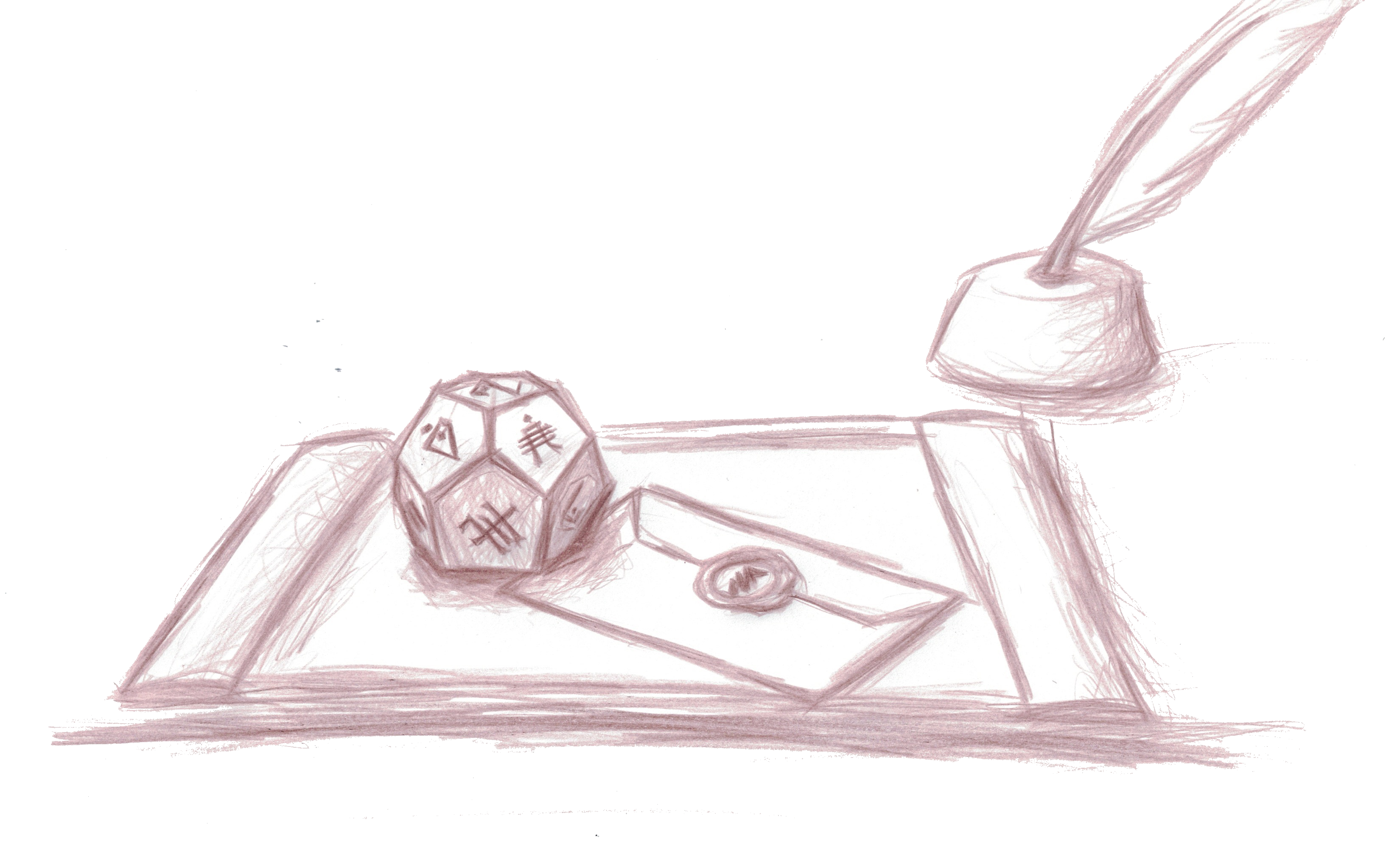A desk with an inkwell and quill, an envelope sealed with the mark of a lightning bolt, and a dodecahedron with strange symbols on it.