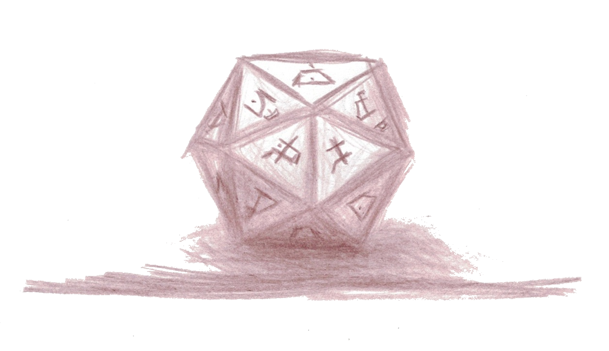 An icosahedron covered with strange symbols, sitting on a flat surface